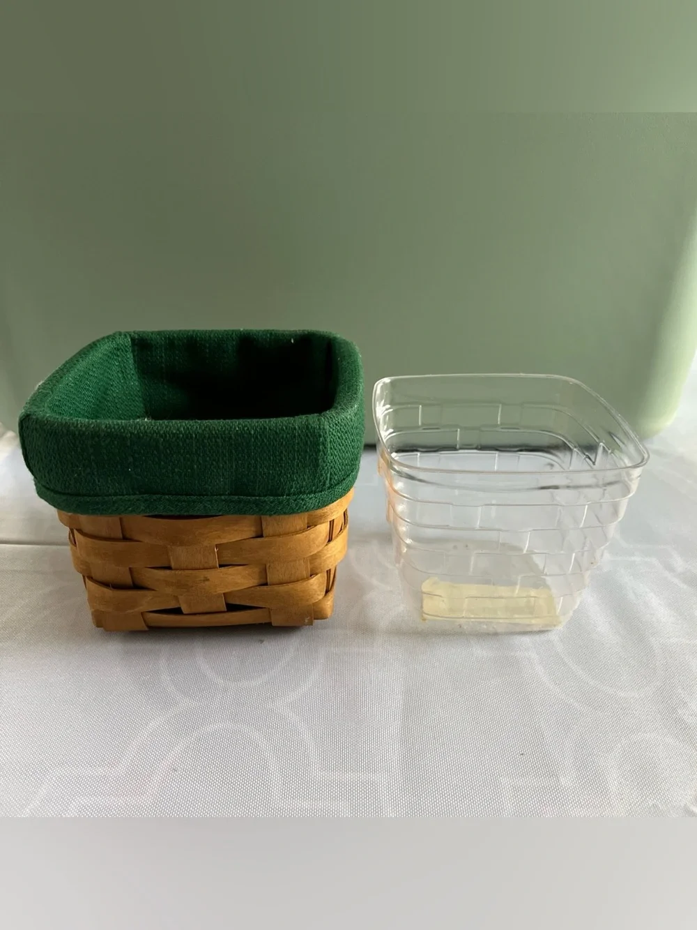 Longaberger TEASPOON Basket w/Hunter Green liner, plastic protector & lid #18432